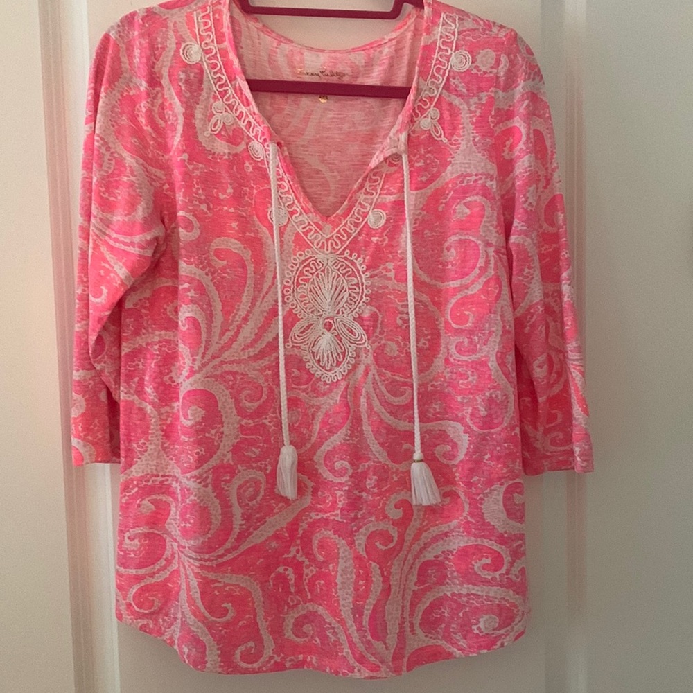 Lilly Pulitzer Shirt Womens Holly Pink Pout Tunic Blouse Embroidered sz M